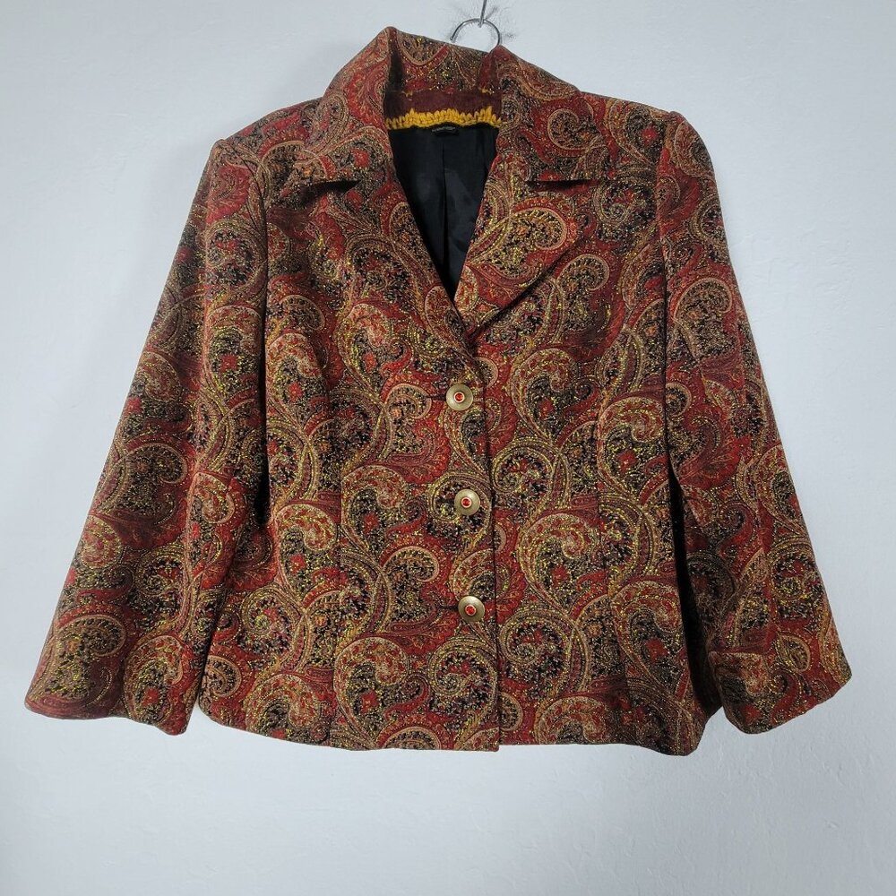 Vintage Spanner Womens Jacquard Paisley Blazer Jacket Size 14 Red & Gold Lined